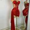 Sparkly Red Diamonds Asymmetrical Two Pieces Dress Design 2025 Women Sexy Strapless Top Skirt Suits Dance Performance Outfit