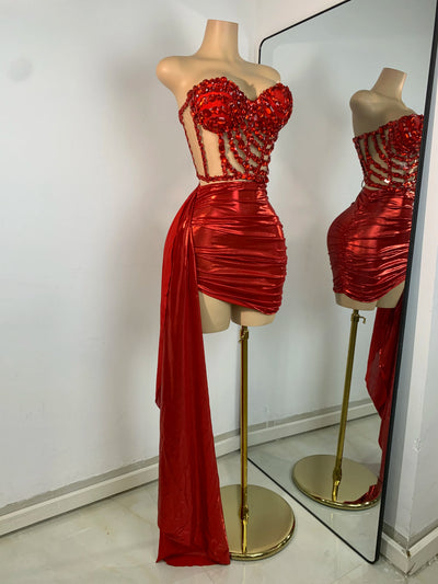 Glitzernde rote Diamanten Asymmetrisches Zweiteiler-Kleid Design 2025 Damen Sexy Neckholder Top Rock Anzüge Tanz-Performance-Outfit