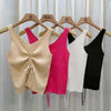 New Summer Women Drawstring Front Ribbed Knit Tops Femme Sexy V Neck Sleeveless Crop Top Clothes High Stretch Split Cropped Tank