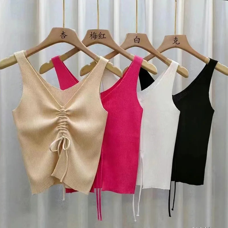 New Summer Women Drawstring Front Ribbed Knit Tops Femme Sexy V Neck Sleeveless Crop Top Clothes High Stretch Split Cropped Tank
