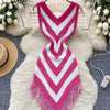 Joskaa 2025 Women's Striped Patchwork Knitted V-Neck Sleeveless Bodycon Asymmetric Fringe Hem Dress Holiday Beach Streetwear