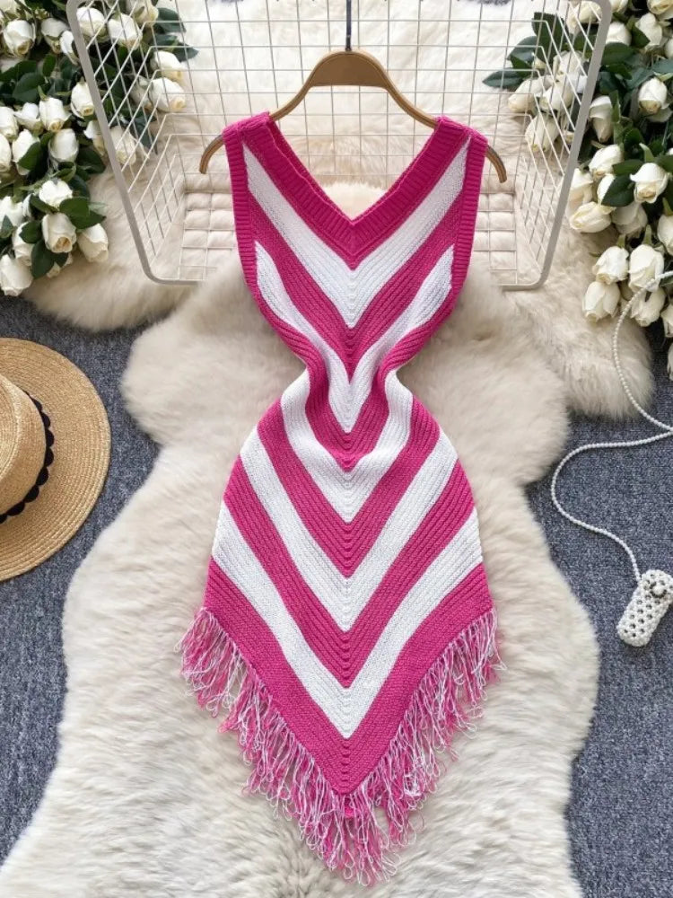 Joskaa 2025 Women's Striped Patchwork Knitted V-Neck Sleeveless Bodycon Asymmetric Fringe Hem Dress Holiday Beach Streetwear