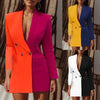 Women Blazer Elegant Office Lady Suit Deep V-Neck Long Sleeve Patchwork Slim OL Double Breasted Dress Coat Contrast Color Suits