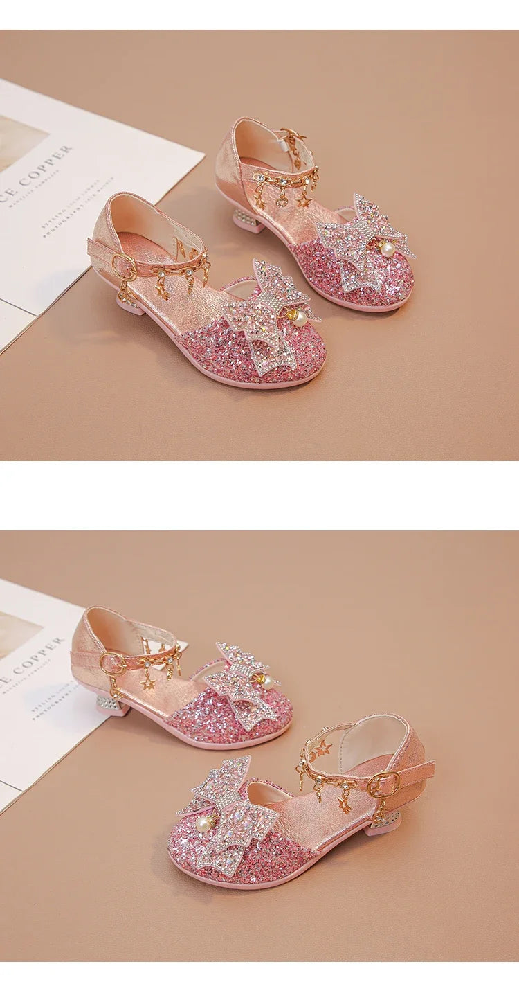 Girls Leather Shoes High Heeled for Wedding Party Glitter Rhinestone with Bow-knot Kids Dress High Heels Pendant Bling Sparkling