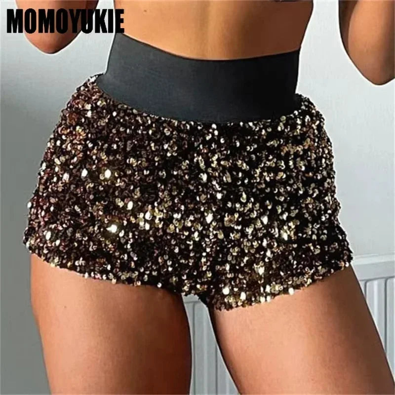 2023 Sommer Damen Mini Shorts Modetrend Pailletten Hohe Taille Glitzer Kleidung Sexy Skinny Party Nachtclub Shorts Streetwear