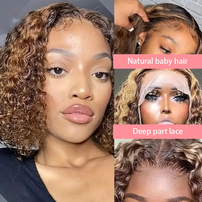 27.04. Tiefe Wasserwelle kurzer Bob Perücken Highlight Lockig 13x4 Lace Front Perücke Brasilianische 100% Echthaar Perücke Ombre Braun Kurze Perücke