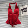 DEAT 2026 Summer New Sexy Hot Girl V-neck Backless Bandage Bowknot Fishbone Halter Top Red Mini Skirt For Women 11B1198