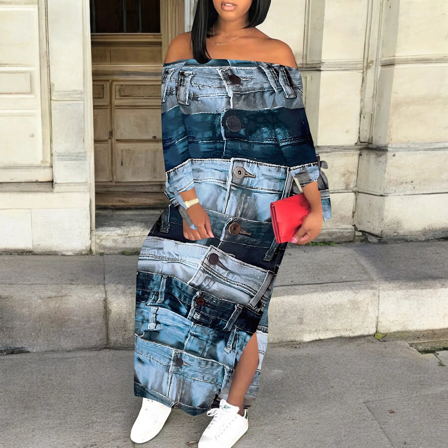 Denim Retro Print Long Sleeve Slim Fit Elegant Casual Slit One-Shoulder Neck Dress