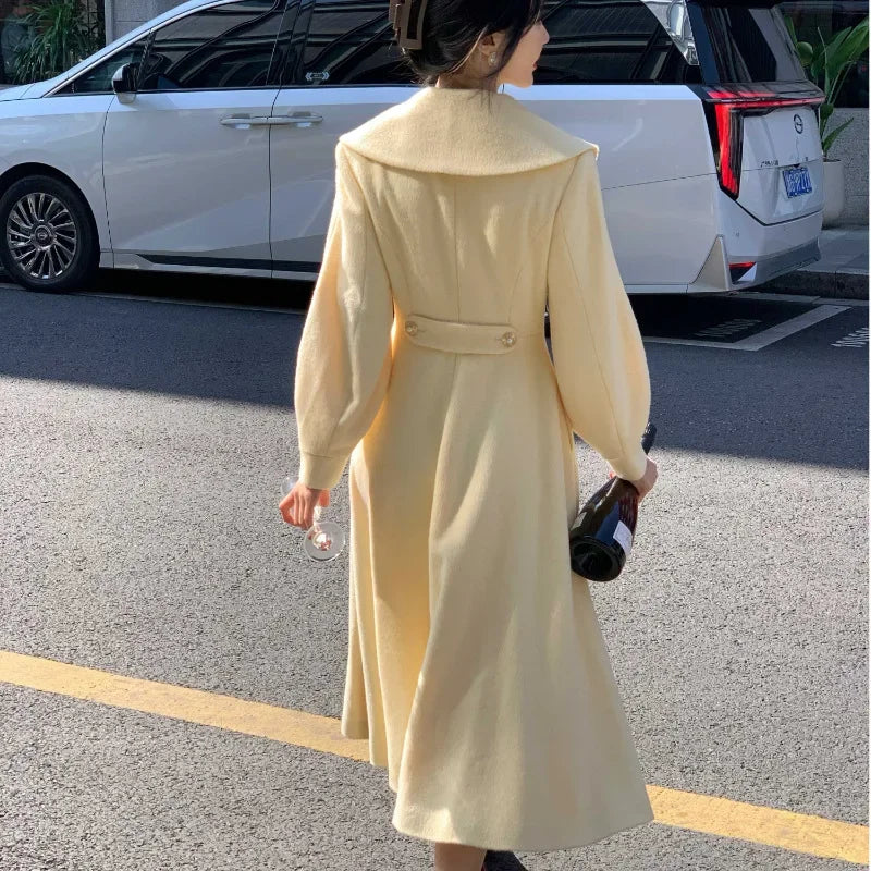 Plus Size 2024 Autumn/Winter New Style French Vintage Tweed Large Lapel Woolen Overcoat Long Sleeve Double Row Button Overcoat