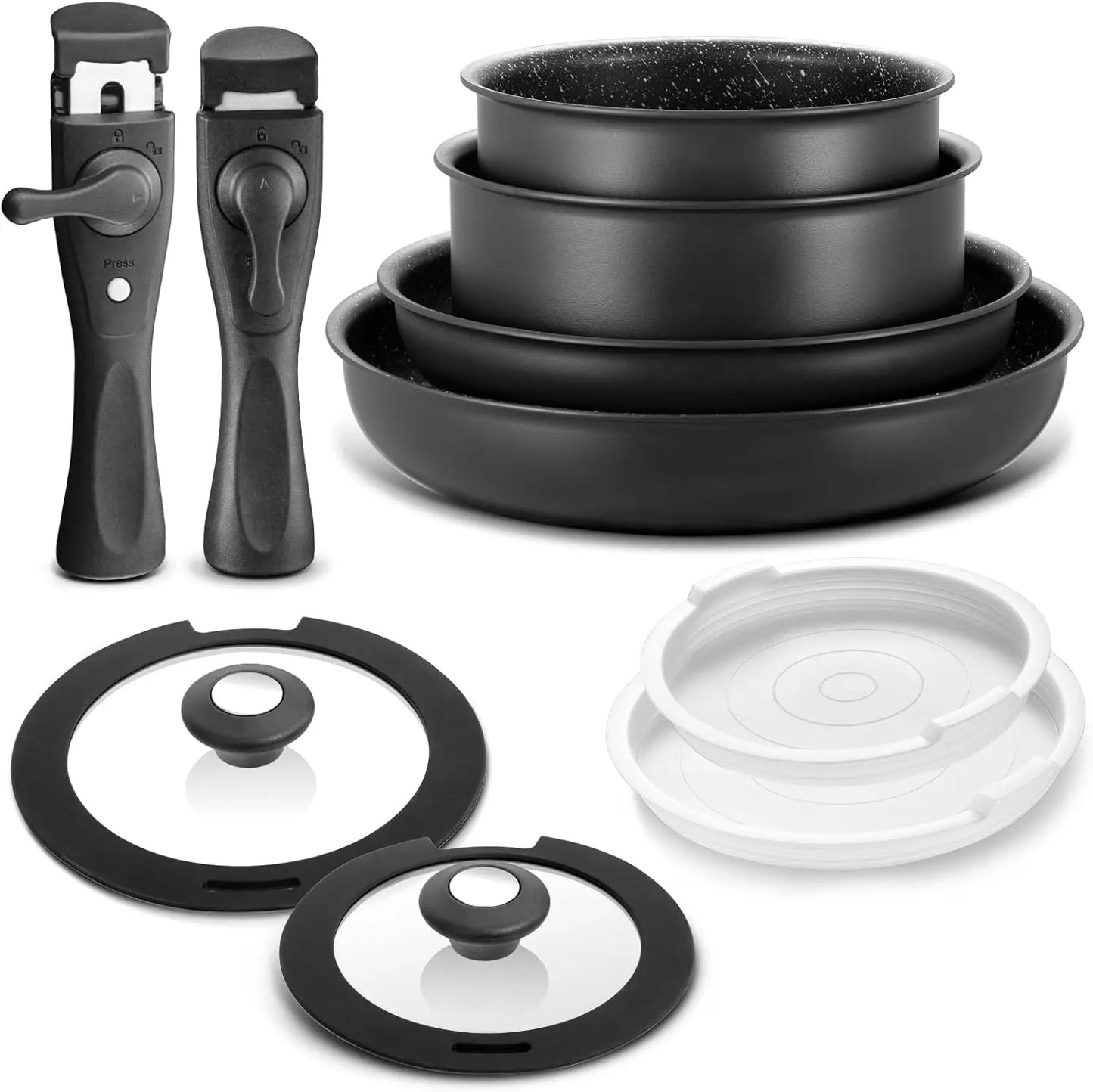 Induktions-Kochgeschirr-Set, 10-teilig, Antihaft-Topf- und Pfannen-Set mit abnehmbaren Griffen, für alle Herdarten, stapelbares Design, spülmaschinenfest/