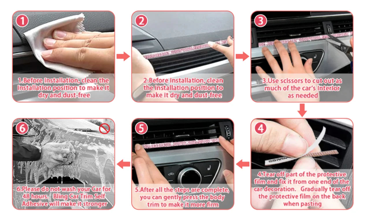 Pink Bling Auto-Zierleisten selbstklebend 5m Strass Auto-Interieur-Zubehör für Frauen Auto Kristall Tür Aufkleber Auto Armaturenbrett s