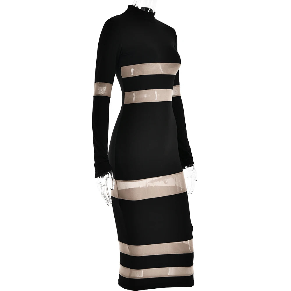 Articat Mesh Patchwork Perspective Long Sleeve Dress For Women's Tight Fit Midi Female Dress Fashion Street Party Club Vestidos
