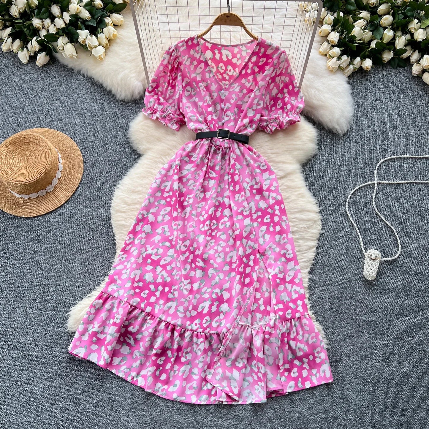Sommer Plissiert Damen Knopfkleider Lässige Strandurlaub Kurzarm V-Ausschnitt Damen Midikleid Böhmische Mujer Vestidos