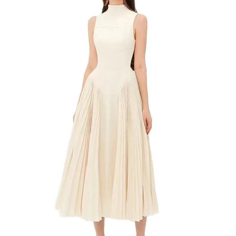 Long Dresses Women Party Dress Pleated Patchwork Sleeveless Stand Collar Maxi Gown Tight Waist Vestidos 2025 Summer A Line