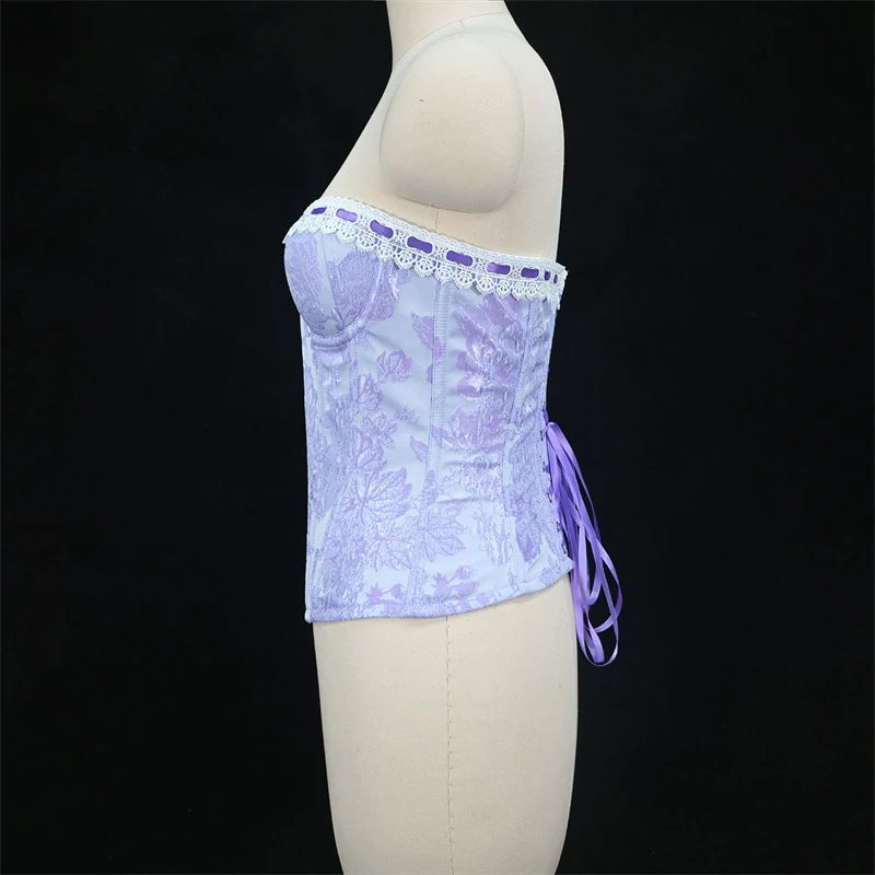 Sexy Women Pink Overbust Corset Crop Top Sweet Lace Patchwork Slim Fit Strapless Bustier Chic Party Summer Clothes Streetwear