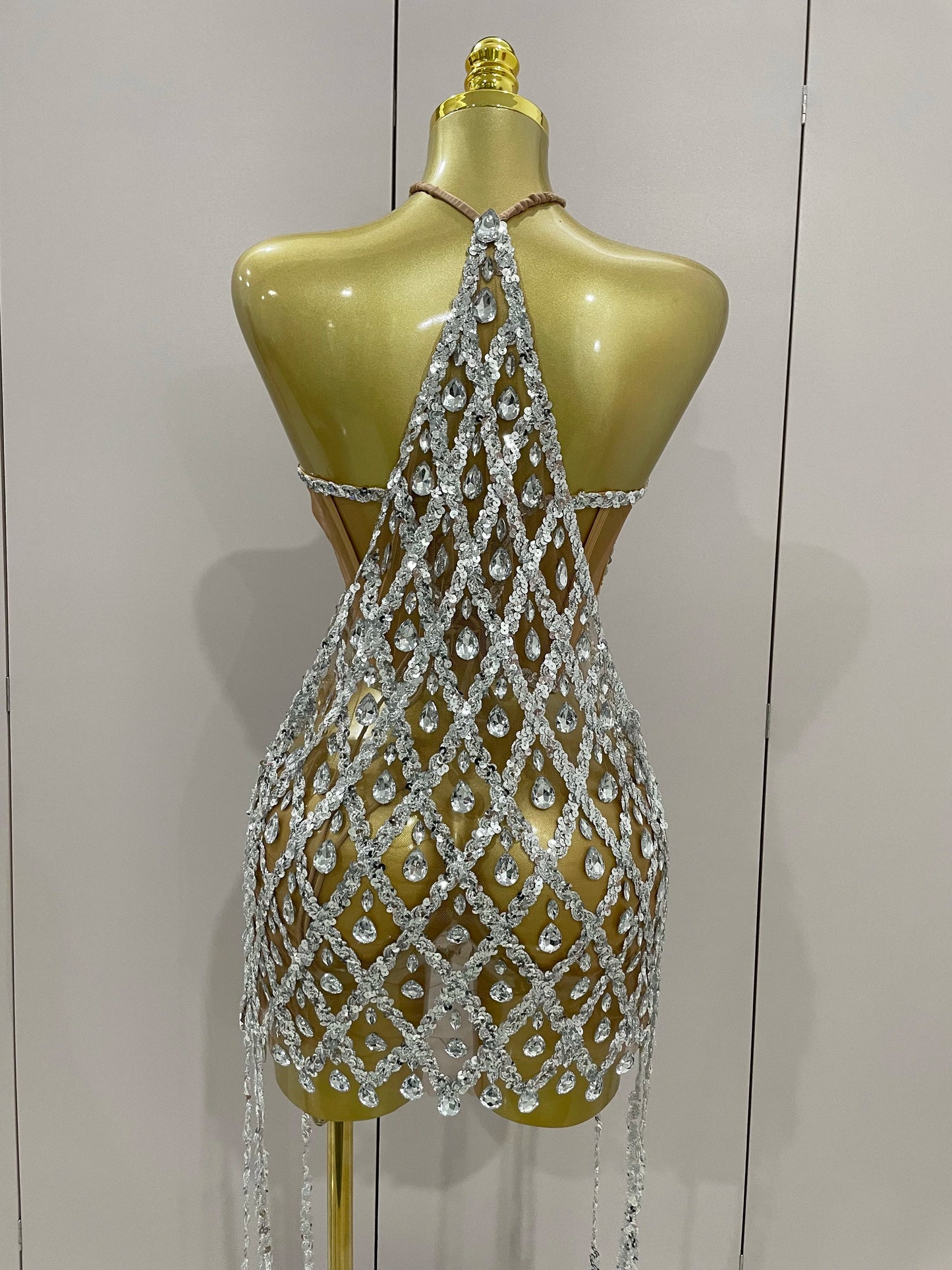 Sexy Sparkly Sequin Diamond Mesh Transparent Two Piece Set Women Celebrate Evening Party Birthday Dress Stage Photo Shoot Wear