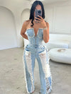 Sibybo Quaste Hollow Out Overalls für Damen Nieten Strass Trägerlos Rückenfrei Jeans Street Fashion Trend Jumpsuit Femme