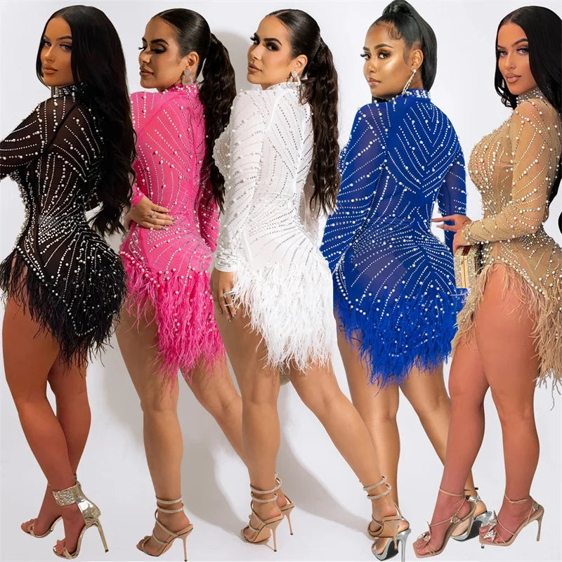 Sexy Perlen Strass Partykleider Damen Eleganz Nachtclub Feder Geburtstagskleid Langarm Mesh Sheer Bodycon Minikleid