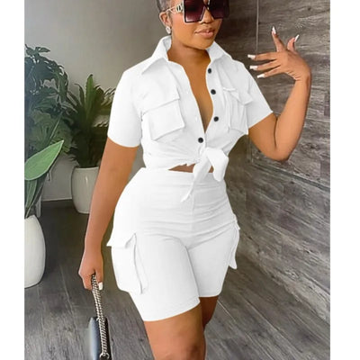 Women Two Piece Shorts Set Outifit Summer Fashion Solid Turn-Down Collar Short Sleeve Shirts Top & Casual Pocket Streetwear Sets