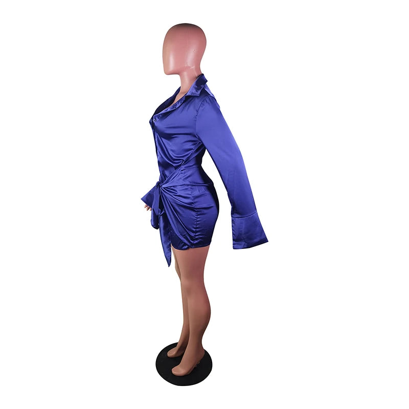 2023 Elastic Elegant Single Breasted Dress Retro Lapel Satin Tight-fitting High Waist Wrap Hips Ruched Short Dress Sexy Clubwear