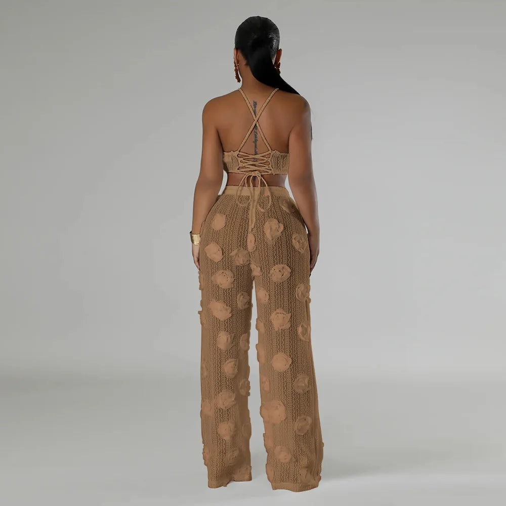 Women Two Piece Pant Sets Sexy Hollow Out Vest Sleeveless Tanks Tops Splice Long Pants Drawstring Streetwear Summer 2025