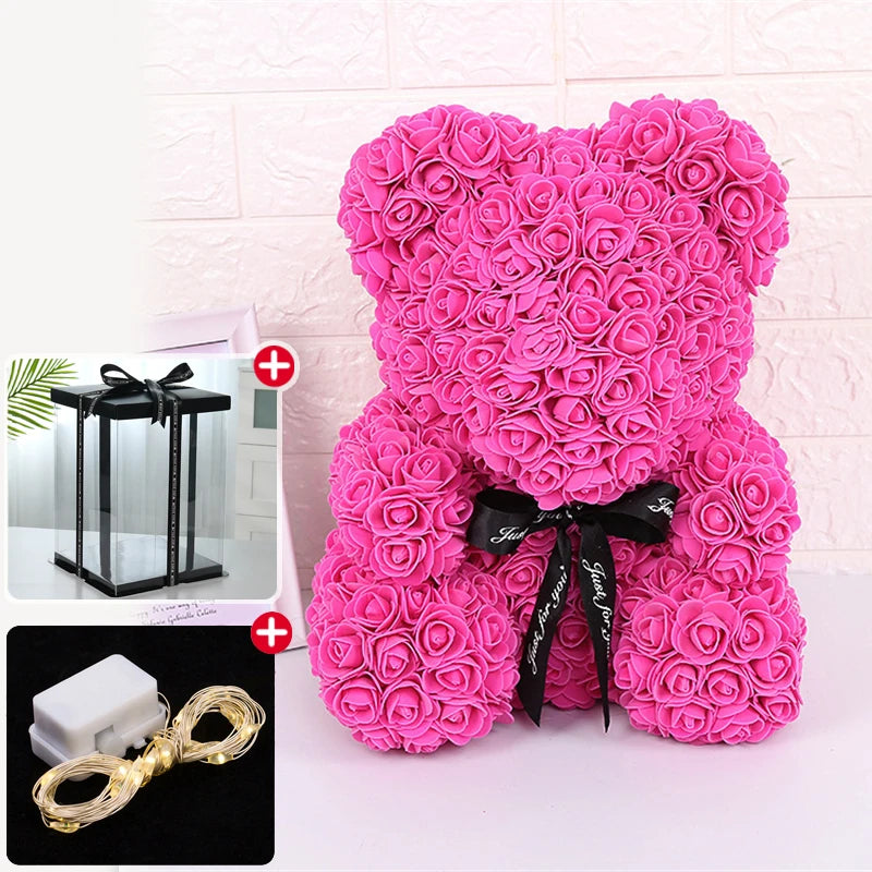 Valentinstagsgeschenke Dekoration Rosenbär Künstliche Blume mit Box Lichter Teddybär für Frauen Freundin Geburtstagsgeschenk Liebesblume