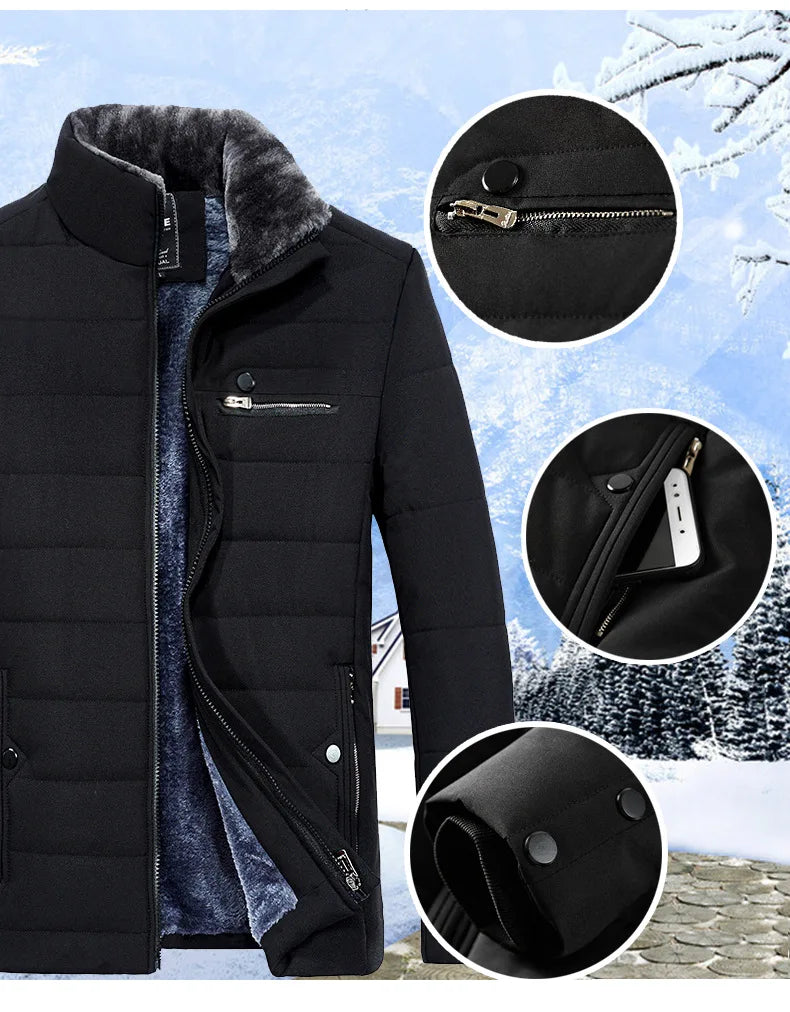 Men's Warm Jacket Winter Parka Fur Collar Windbreaker Cotton Padded Anorak Thick Black Coat Male Casual Autumn Fleece Jacket Men