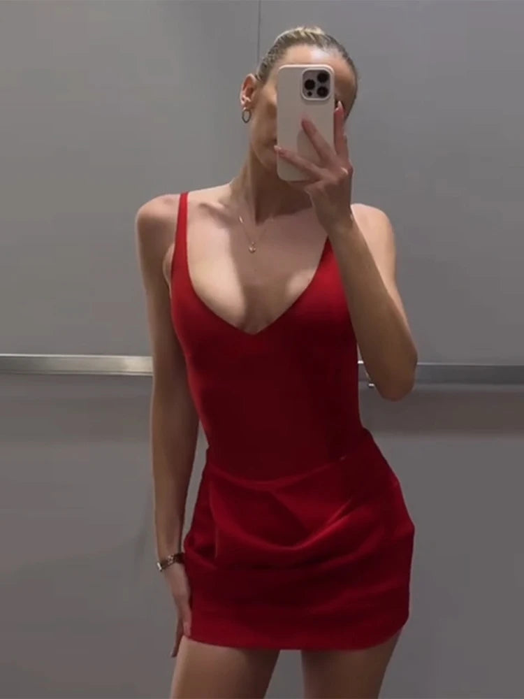 Sexy Pleated Strap Romper Set Women Red Sleeveless Backless U-neck Mini A-line Skirt Female 2025 Fashion Summer Solid Party Suit