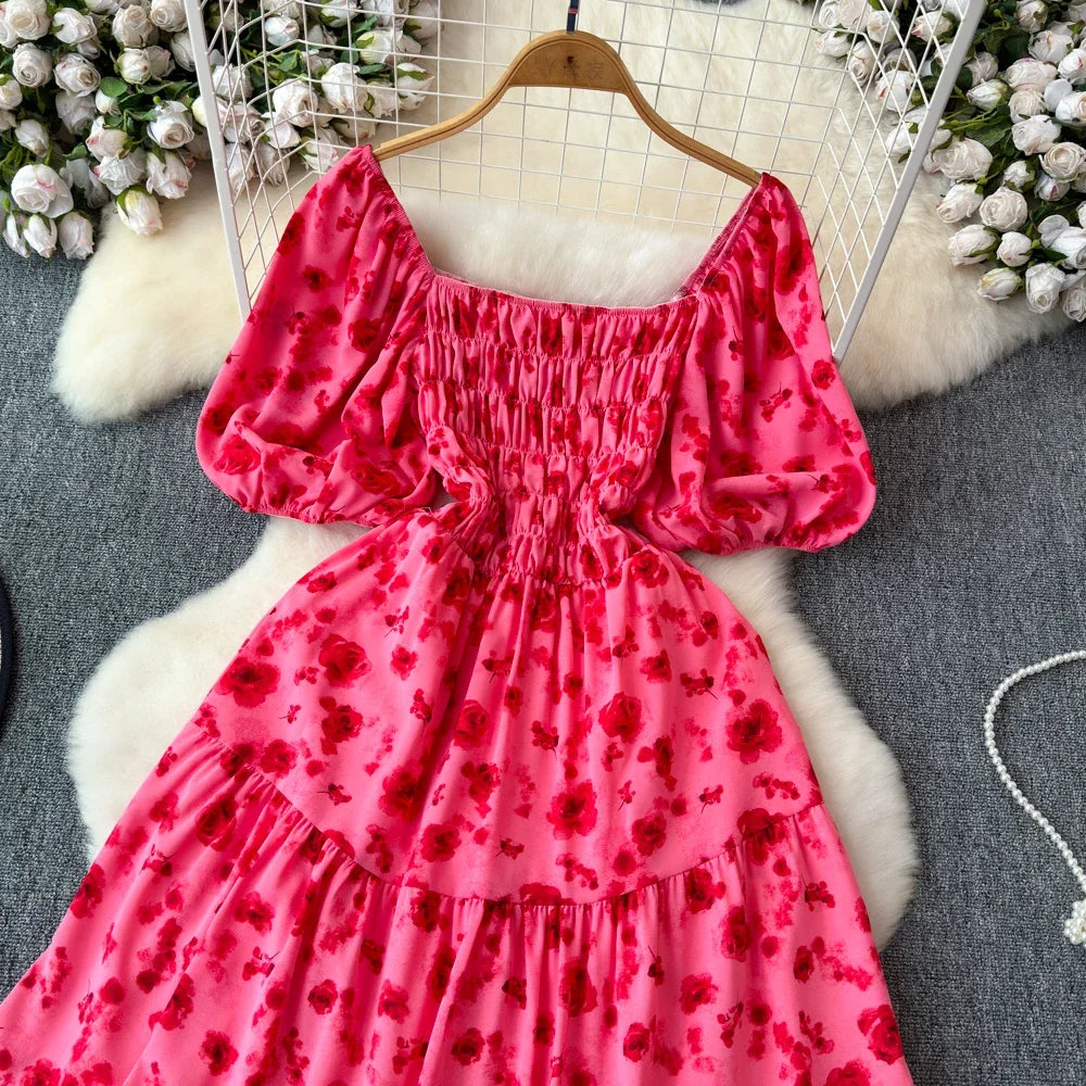 2024 Neues Sommer Blumenmuster Maxikleid Damen Vintage Eckiger Ausschnitt Geraffte Brust Schärpe Bandage Sommerkleid Partykleid