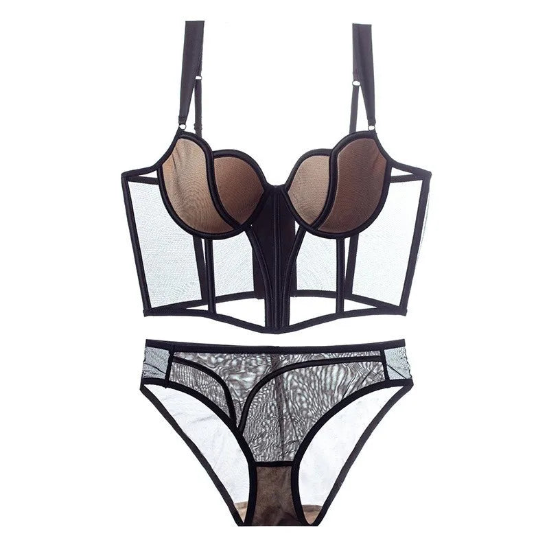 French Ladies Transparent Mesh Corset Sexy Shaper Thin Bra Set Night Club Sweet Cropped Top Girls Hot Bra and Panties Bralette