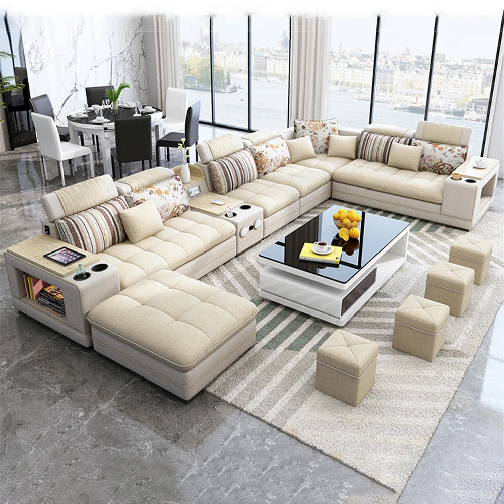 MINGDIBAO Nordische Stoff-Sofagarnitur mit Bluetooth-Lautsprecher & USB – Modernes Modulares Wohnzimmer-Sofa, Großes U-förmiges Ecksofa aus Stoff