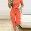 Tight Solid Color Two Piece Set Women Cropped T Shirt Slim Long Pants Pocket Ladies Sets 2025 Spring Summer Sportswear