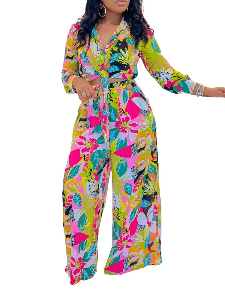 2024 Frühling Sommer Neuer langärmeliger bedruckter Anzug für Damen, Mode-Revers, einreihiges Hemd, weite Hose, Zweiteiler-Set