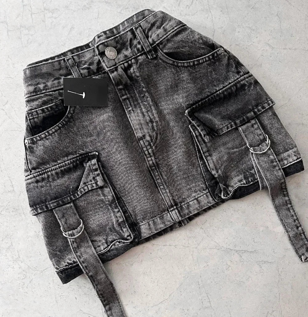 Harajuku Multiple Pockets Denim Plaid Skirt Goth Black Mini Skir Vintage Y2K New Fashion Womens Casual Versatile Sexy Streetwear