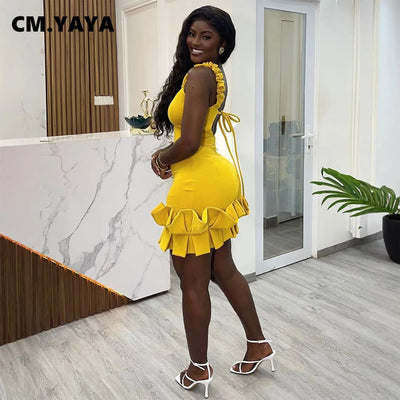 CM.YAYA Damen Spaghetti-Träger Ärmelloses V-Ausschnitt Minikleid Sommer 2025 Gerafftes Party-Abend-Nachtclub-Chic-Kleid