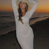 Sexy Women Long Knit Beach Dress Hollow-Out Deep V-Neck Long Sleeve Bikini Cover-Ups Dress Fall Backless Holiday Dress