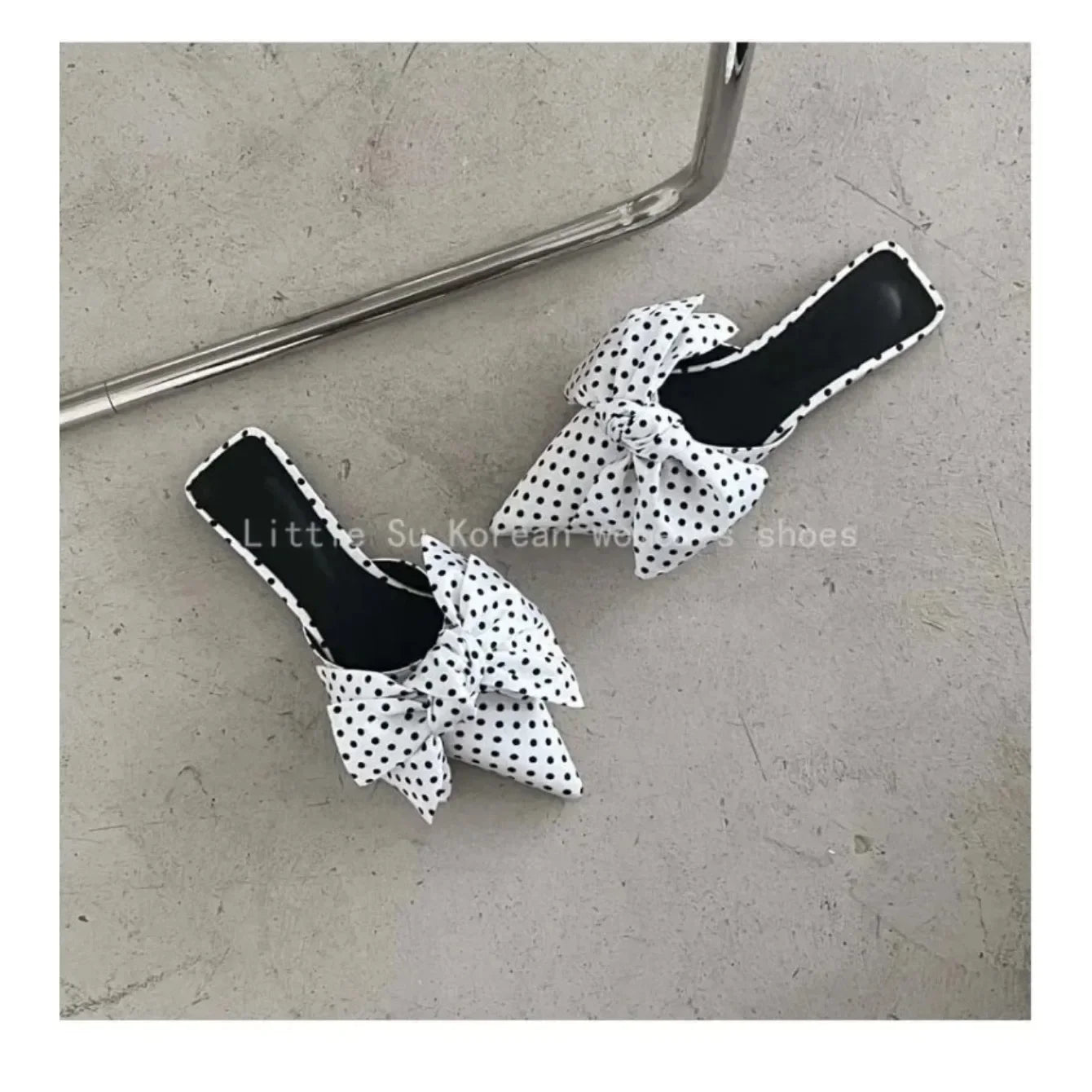 Oversize Bowtie Mule Shoes Women Fashion Pointed Toe Stripe Wave Slip-on Sandals Ladies Luxury Satin Silk Outdoor Flat Slippers