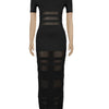 Beyprern Women's See-Through Striped Sheer Polo Maxi Dress Sexy Turn-Down Collars Caged Party Dresses Night Out Vestido Clubwear