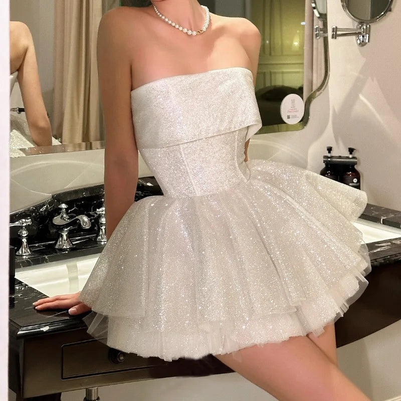 Elegantes trägerloses Korsett-Minikleid schulterfrei glänzende Kleider glitzerndes rückenfreies Roben-Ballkleid Geburtstag Abendparty Cocktail