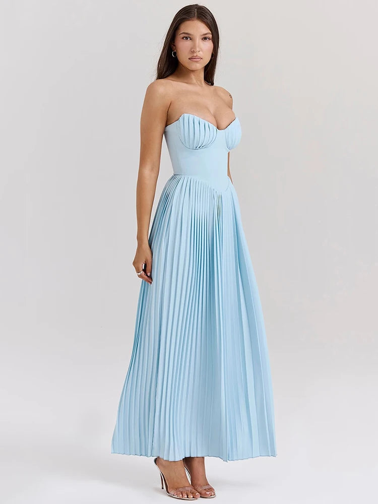 Mozision schulterfreies, rückenfreies, plissiertes Maxikleid für Damen, modisch, trägerlos, ärmellos, hohe Taille, eng anliegend, sexy, langes Kleid