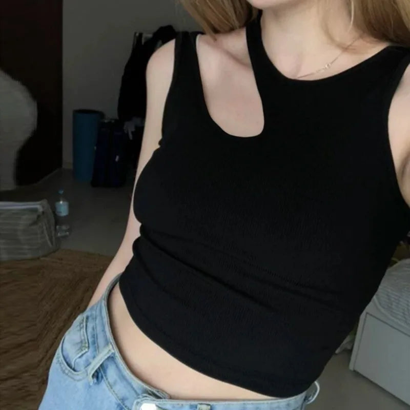 Sexy Rib-knit Tank Top for Women Summer Solid O-neck Sleeveless Crop Tops Street Vintage Korean Fashion Shirt Vest Y2K Clothes