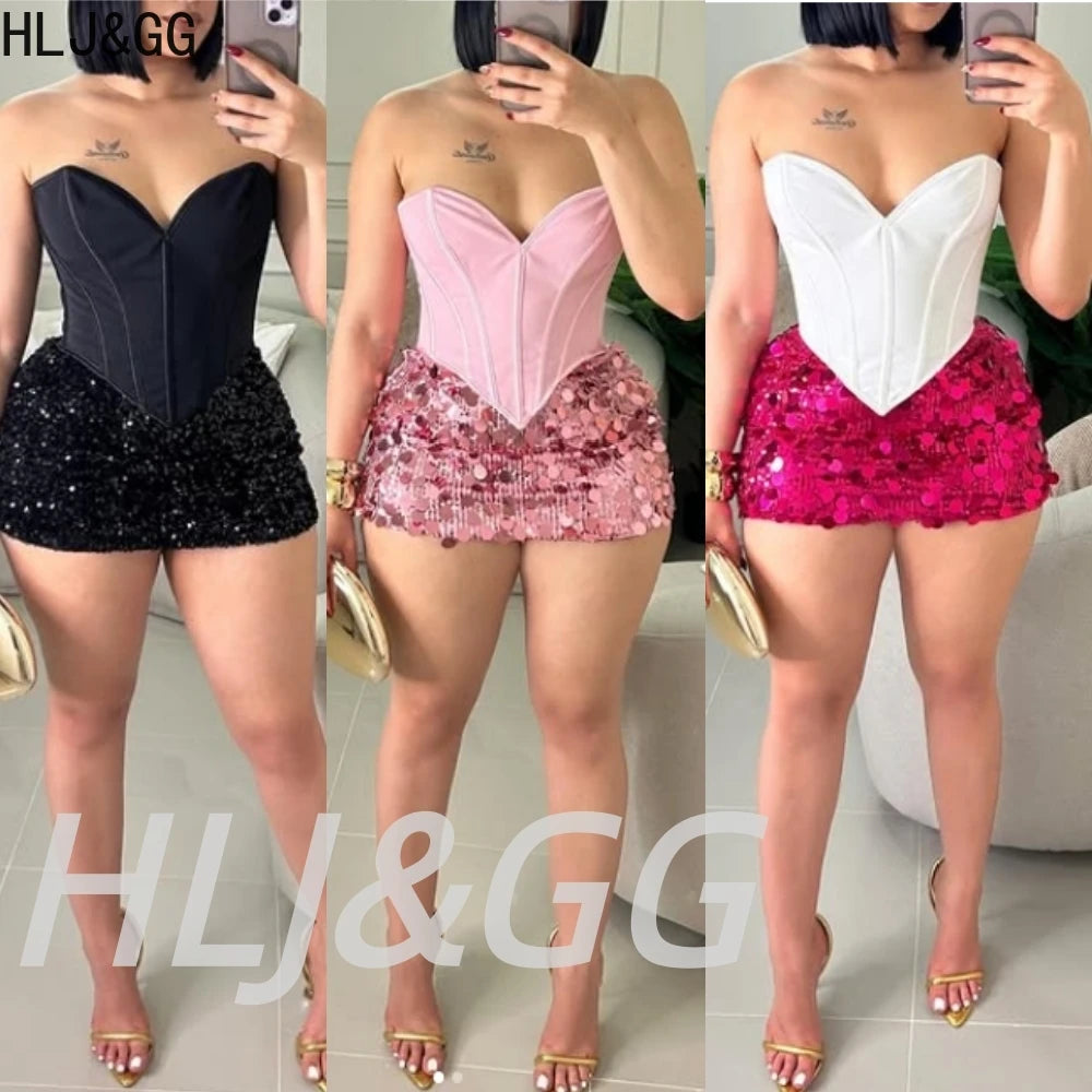 HLJ&GG Sexy Off Shoulder Corset Vest Two Piece Sets Women Sleeveless Backless Bandage Irregular Top + Sequin Mini Skirts Outfits