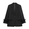 Willshela Damenmode Satin Schwarz mit Feder Blazer Jacke Vintage Kerbausschnitt Einreiher Lange Ärmel Damen Outfits