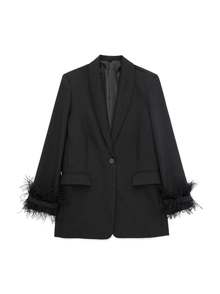Willshela Damenmode Satin Schwarz mit Feder Blazer Jacke Vintage Kerbausschnitt Einreiher Lange Ärmel Damen Outfits