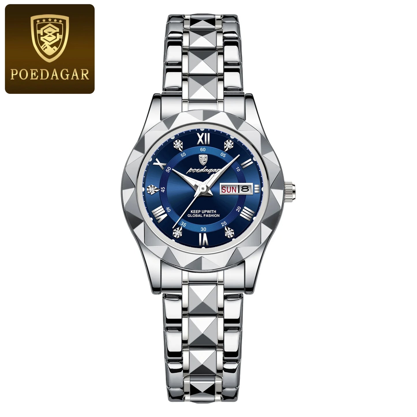POEDAGAR Luxuriöse Damen-Kleideruhr, leuchtend, wasserdicht, Wochen- und Datumsanzeige, Damenarmbanduhr, Edelstahl-Damenquarzuhr reloj+box