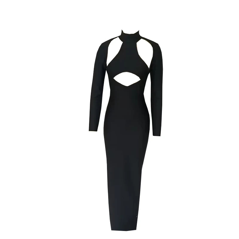 Damen Herbst Stretch-Bandage Aushöhlung Langarm Slim Maxi Schwarz Rückenfrei Bodycon Mode Clubs Celebrity Party Kleider