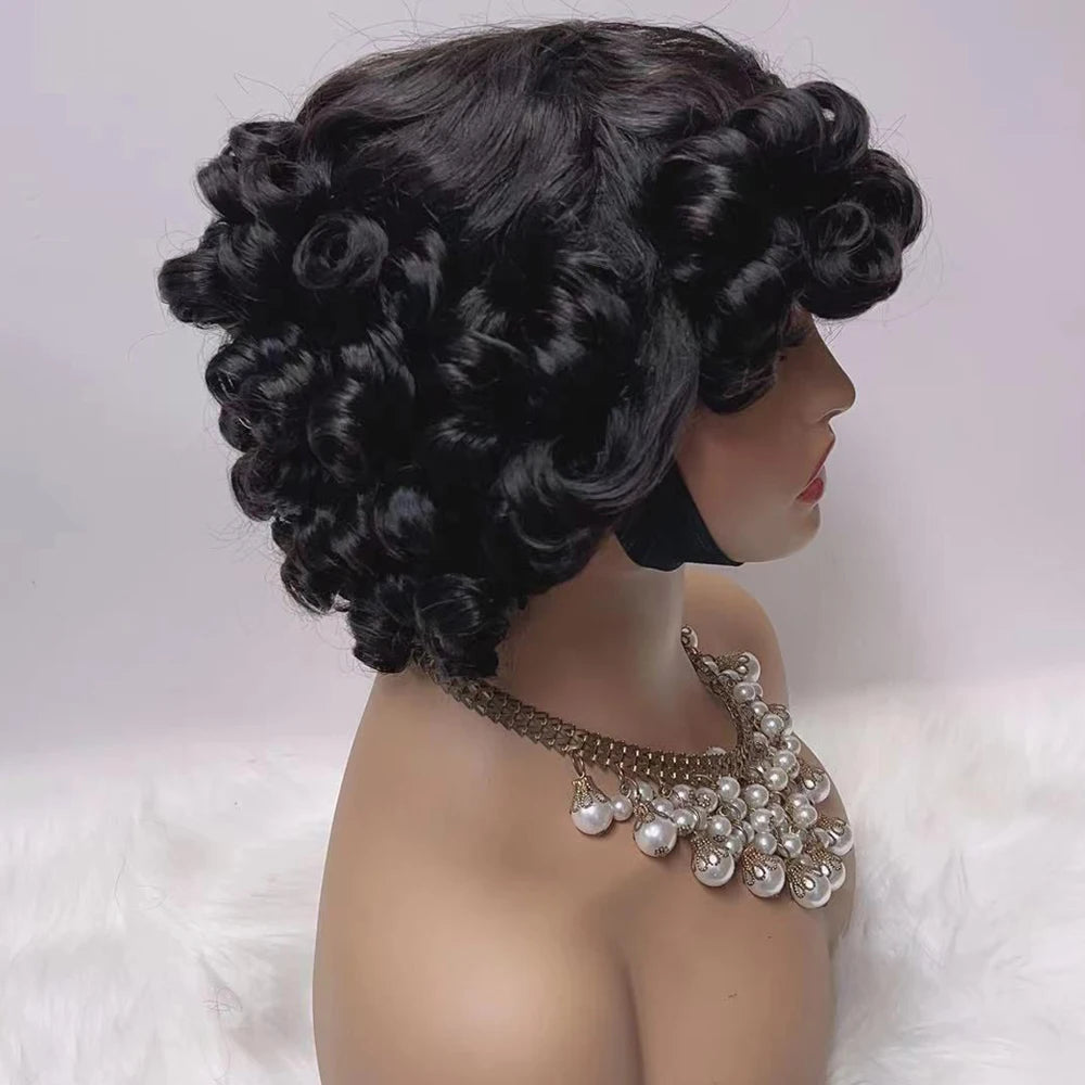 330% Dichte Brasilianische Egg Curl Pixie Cut Perücke Echthaar mit Pony Wasserwelle Kurze Bob Perücke für Frauen Vorgezupft Lokale Lieferung