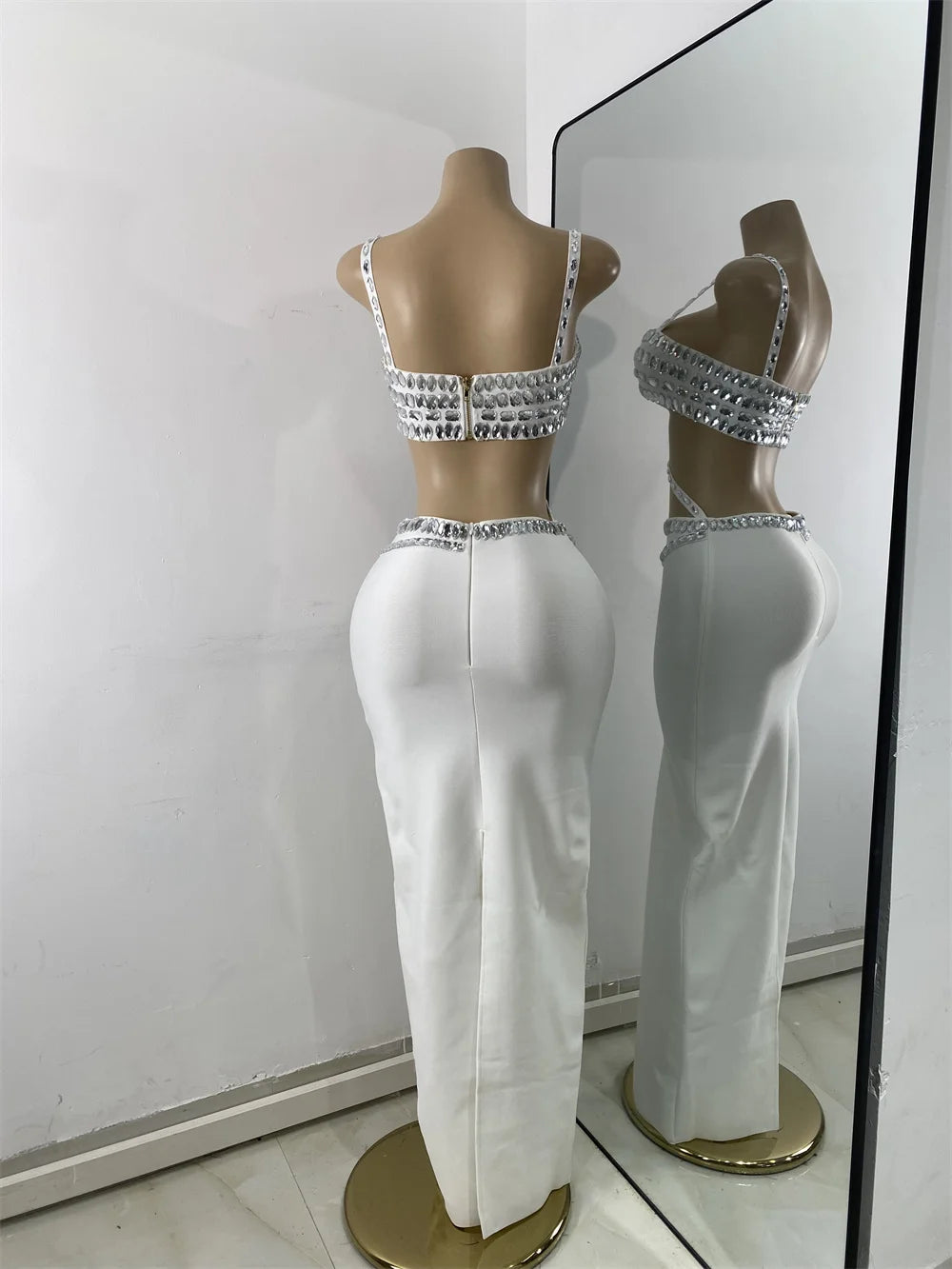 Luxus Kristall Diamanten Top Rock Zweiteiler Damen Bandage Sets Weiß Schwarz Gestrickt Celebrity Abend Geburtstag Party Outfit