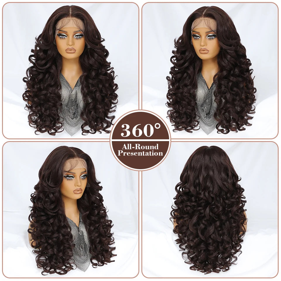 Latisha 13X6 HD Synthetische Spitzenfrontperücke lockig vorgezupfte Lace-Frontal-Perücke mit Pony für Damen, Highlights mit Babyhaar, 24 Zoll
