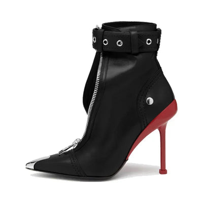 Gürtelschnalle Reißverschluss vorne Modenschau Stiefeletten Damen Herbst Winter Neu Spitz Metallverzierung Rote High Heels Ankle Boots